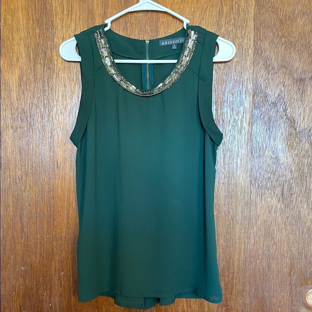 Dark Green Sleeveless Top with Embellished Neckline